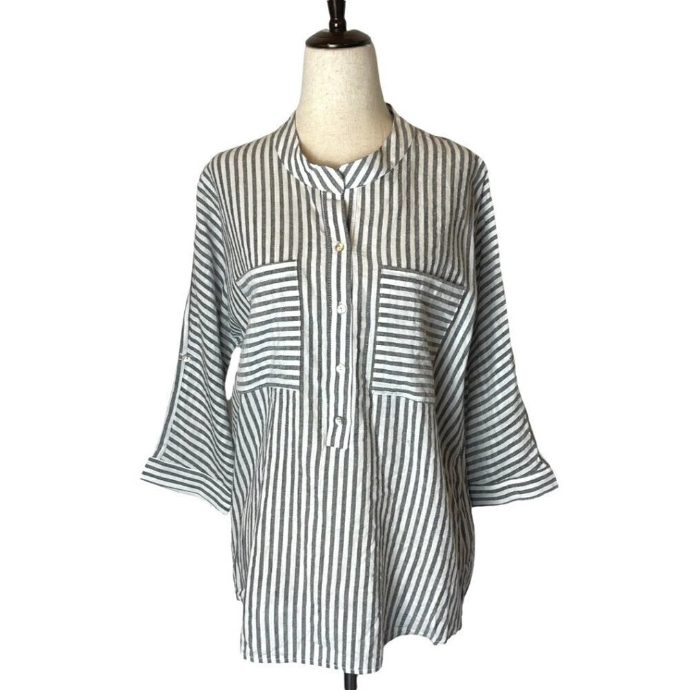 Ellison Blue And White Striped Cotton Bell Sleeves Button Front Blouse Size S